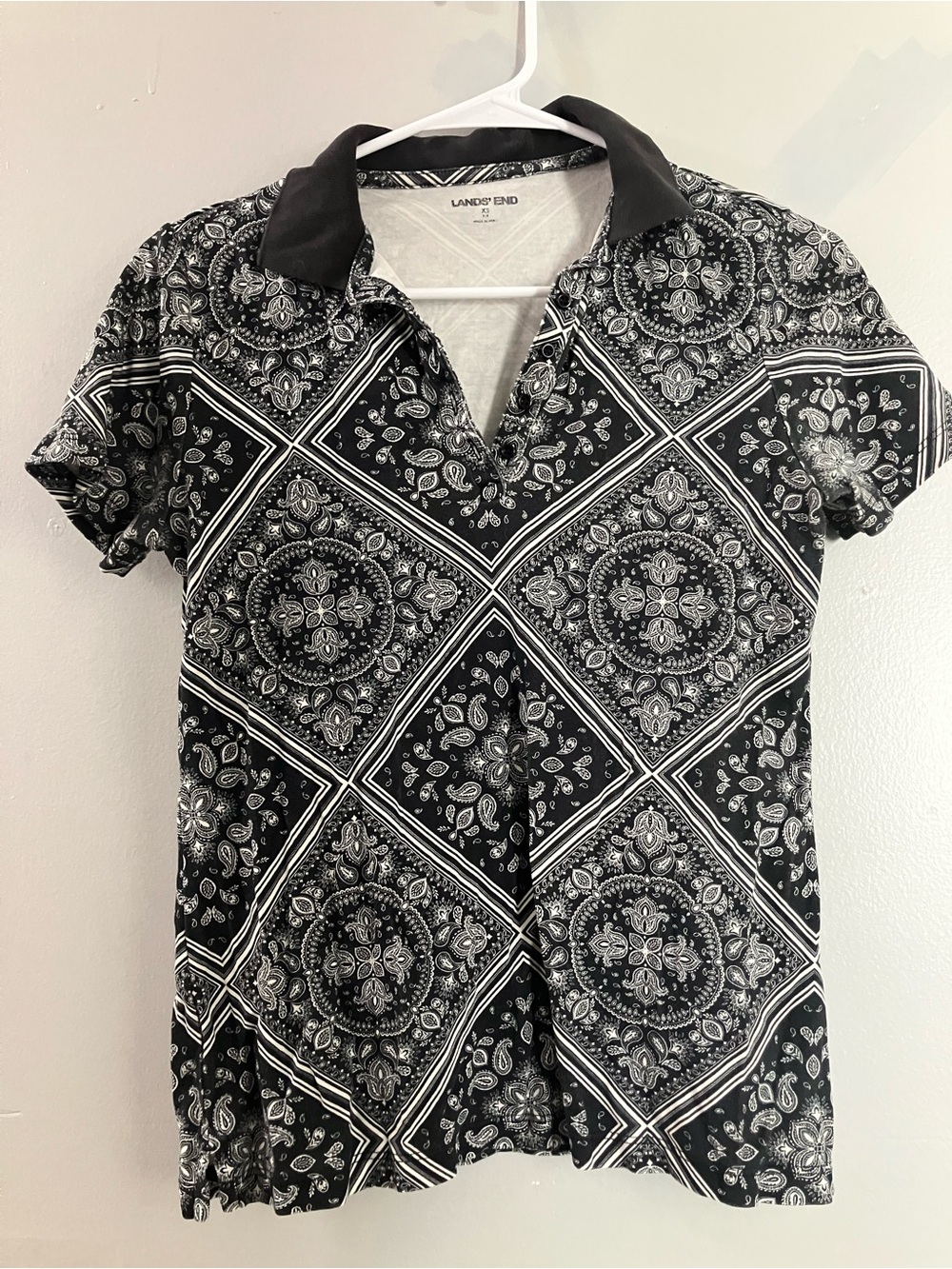 Lands' End Black & White Bandana-Print Polo